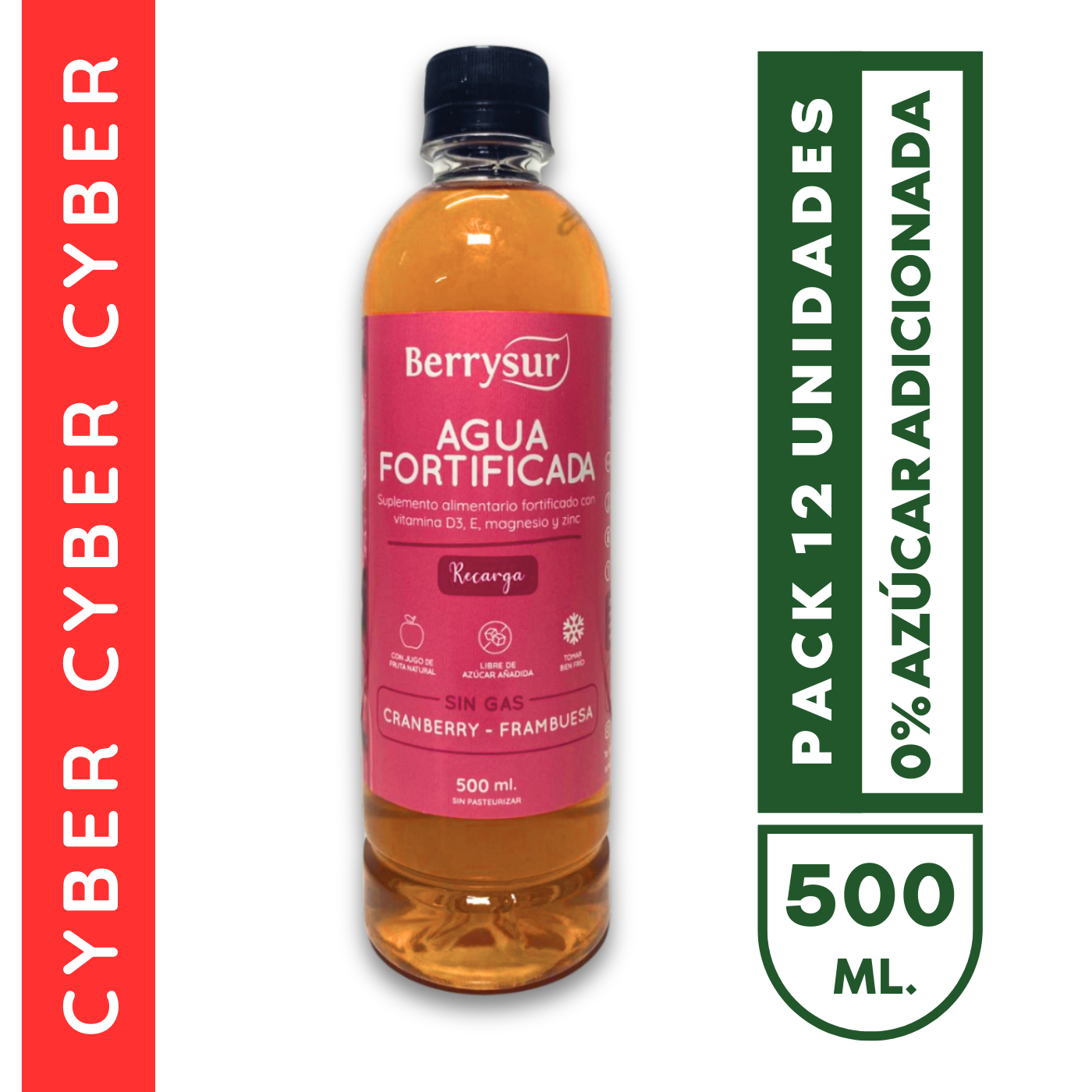 Agua Fortificada Cranberry Frambuesa 500 ml - Pack 12 unidades