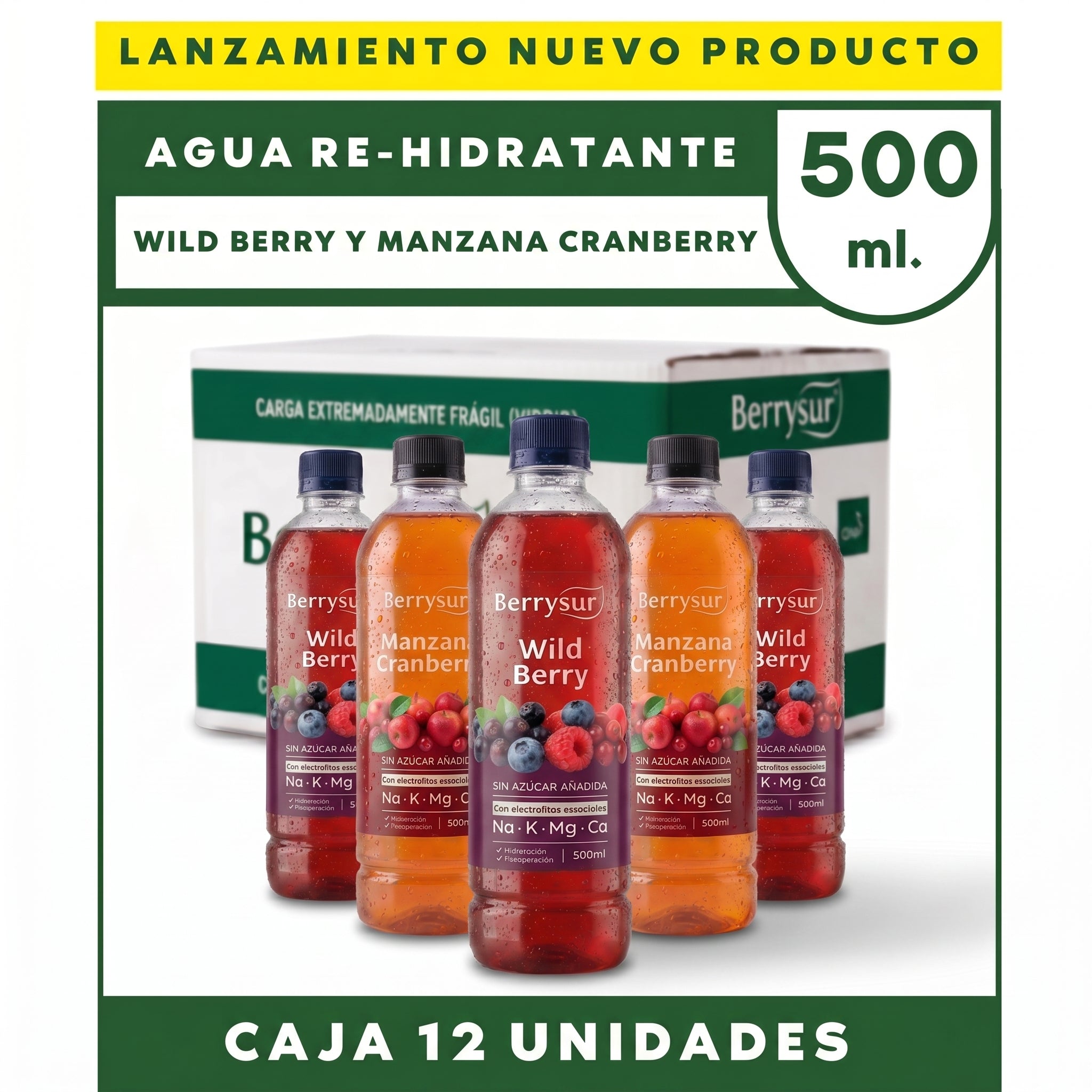Mix Agua Re-hidratante Wild Berry y Cranberry Manzana - Caja 12 unidades 500 ml. + DESPACHO GRATIS